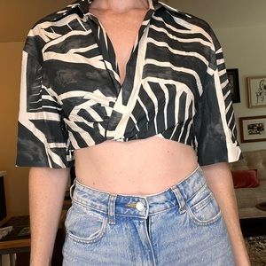 Zara Abstract print linen crop top / cropped blouse